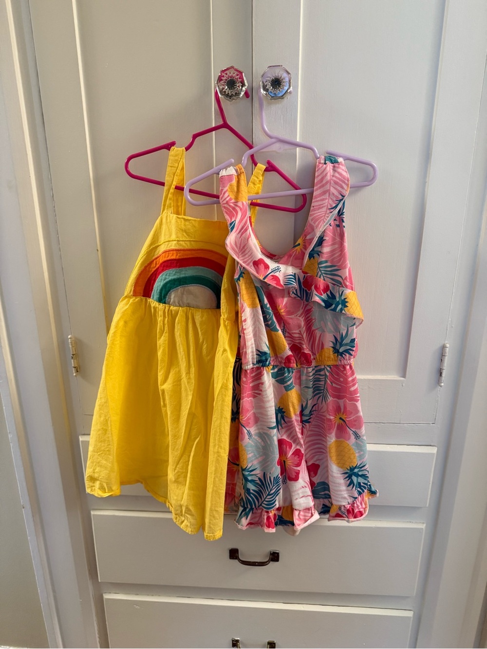 Girls Yellow Rainbow Sundress & Pink Tropical Romper Set